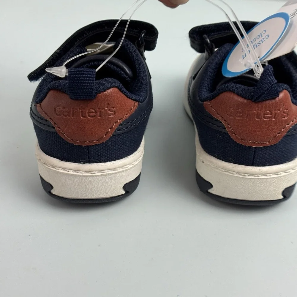 Carters Infant Boy Toddler Shoes Size 4 NWT Navy White Brown Easy On Closure